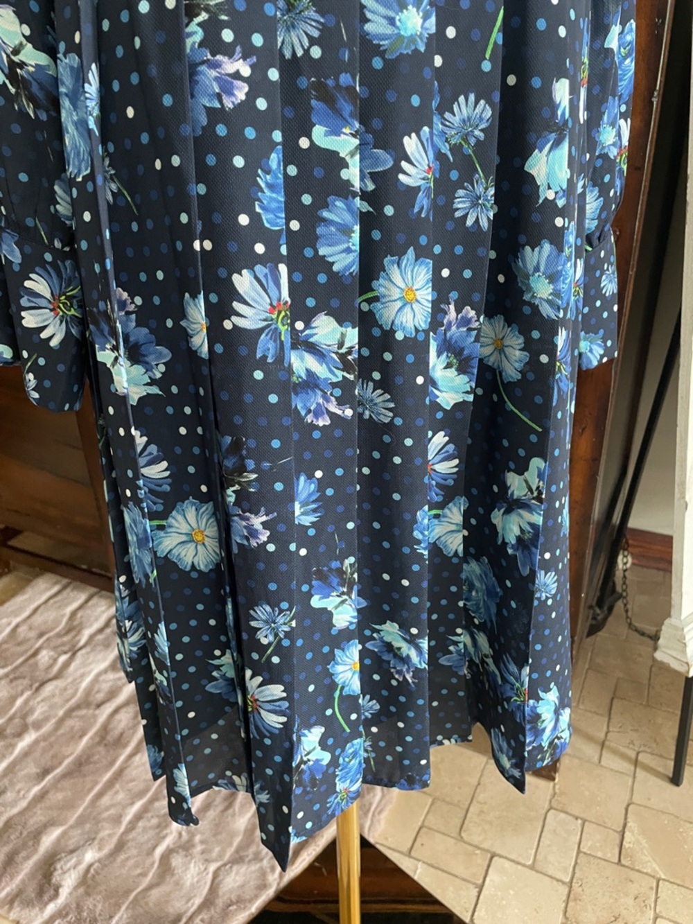 Gracia Navy Floral Tie-Neck Long Sleeve Dress Belt Spring Tea Party Large - Picture 4 of 14